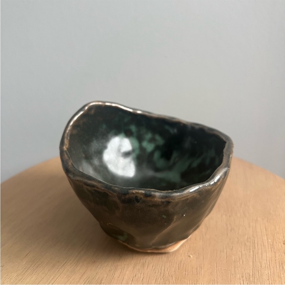 VINTAGE Handmade Asymmetrical Wabi Sabi Trinket Decorative Bowl Brown Green